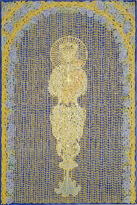 Image of heart, or Magnificat, year: 2003-2005, size: 90x60cm, material: paper cut, watercolours and gold leaf on paper, photographer: Natacha Salamin, Basel, CH
