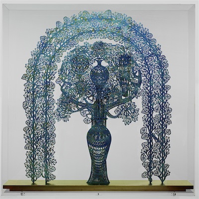Memory of a tree, year: 2012, size: 100x12x4cm (basis) 90x80x4cm (paper cut), material: paper sculptur (free standing), paper cut, water colours - pastell colours - gold on paper - wood - glue, photographer: private