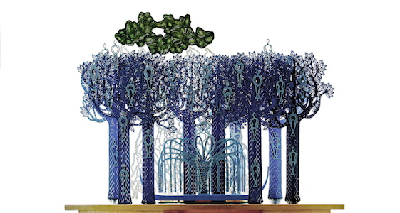 Forest at 4 o'clock in the morning, year: 2014, size: 100x73x21cm, material: paper sculptur (free standing), paper cut, water colours - gold on paper - wood - glue - oil, photographer: private